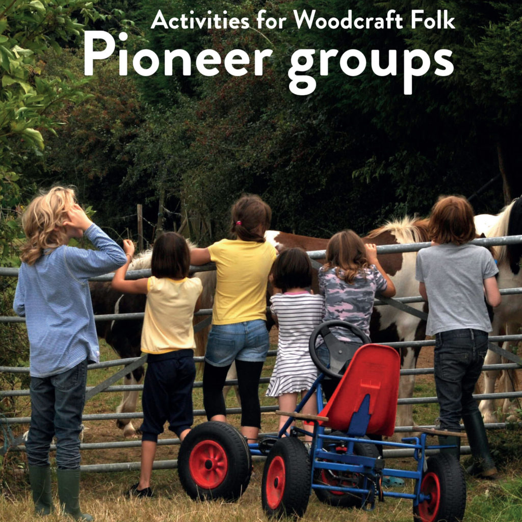 6 children looking at horses though a gate with a pedal go cart in the foreground. Text reads Activities for Woodcraft Folk Pioneer groups