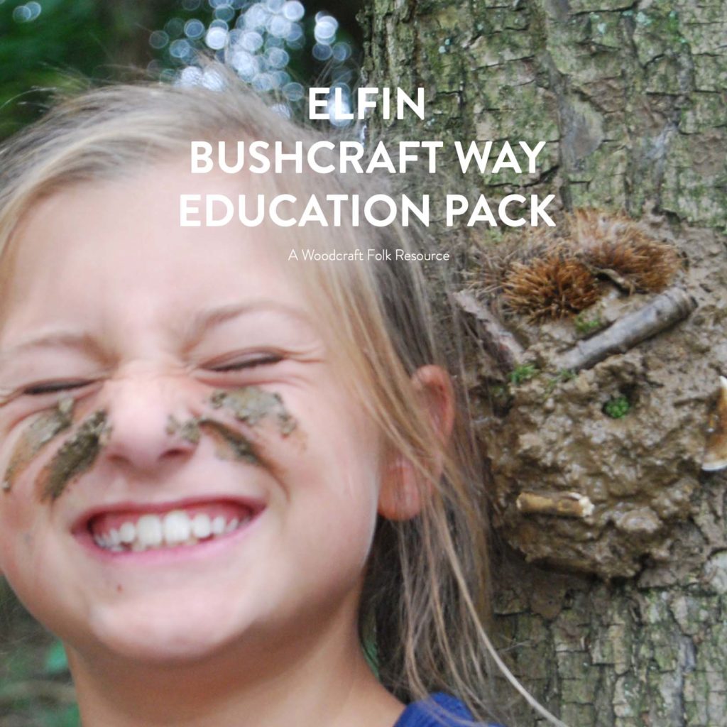 Elfin Bushcraft Way Education pack cover - a child making a funny face next to a clay face sculpture on a tree