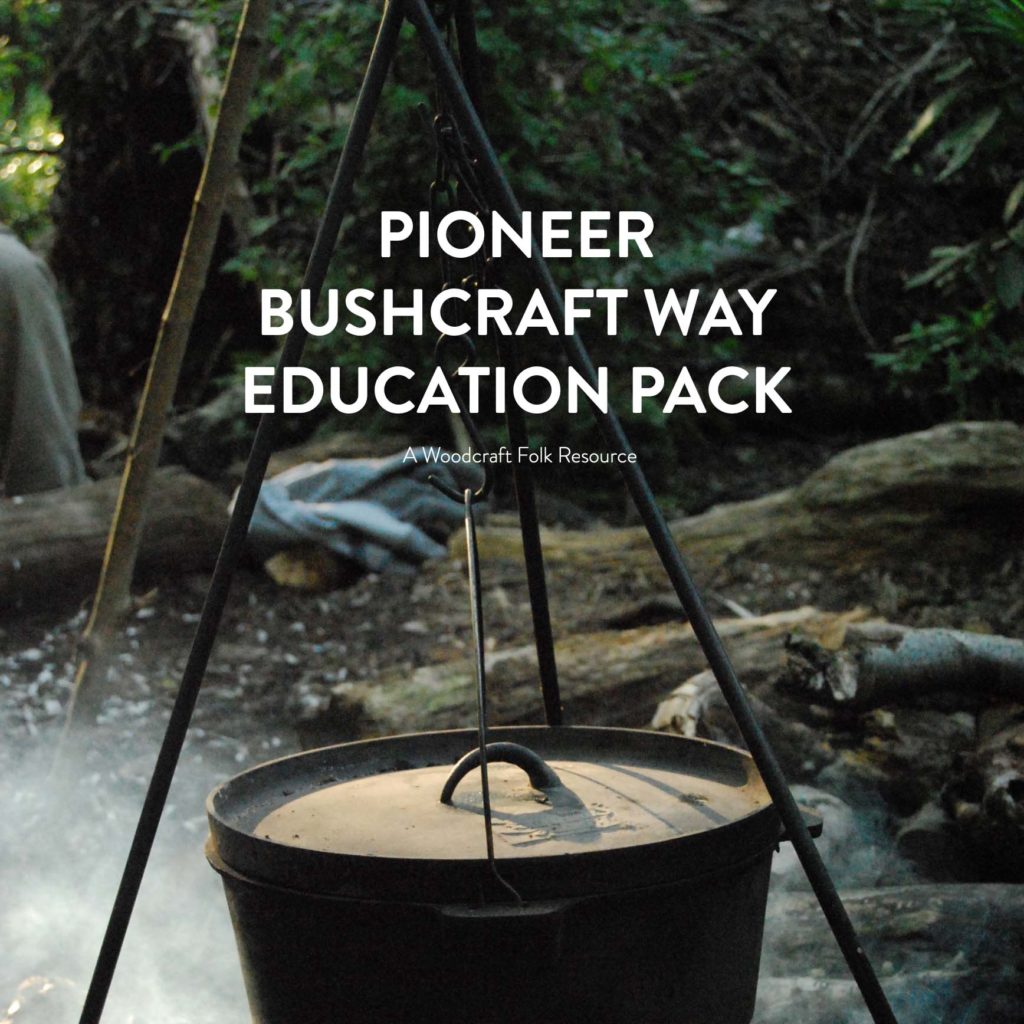 Pioneer bushcraft way education pack cover - a pot hanging over a campfire