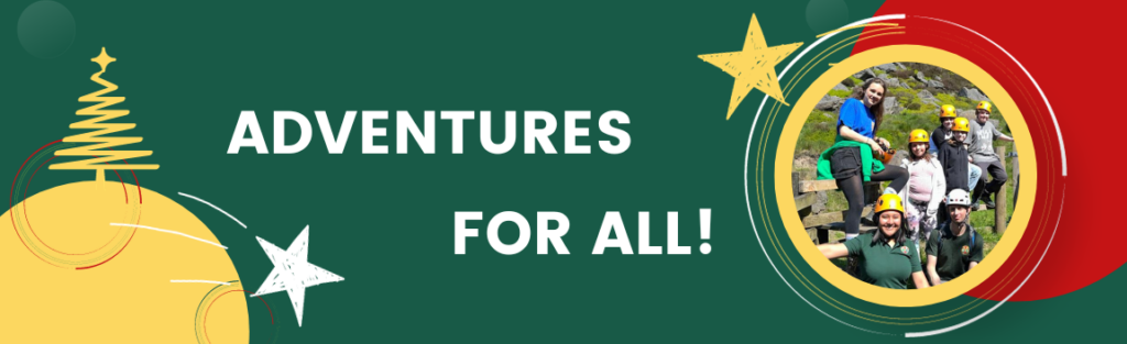 Banner for Adventures for all, in green red and yellow circles, with a picture of young people on a walk
