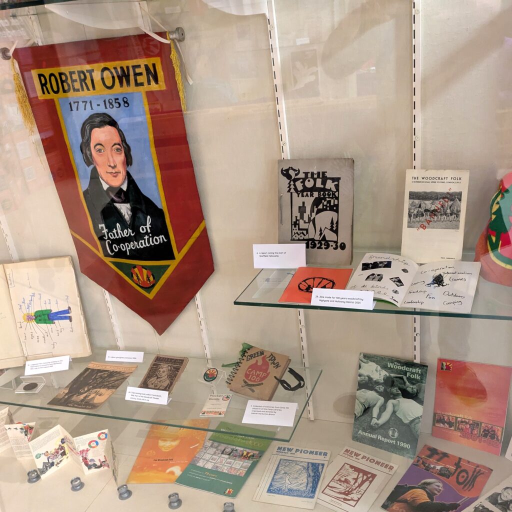 Robert Owen overlooks our 100 Objects exhibition at Rochdale Museum from the Birmingham Co-operative (thanks John Boyle), hand-painted by local Woodcraft Folk members.