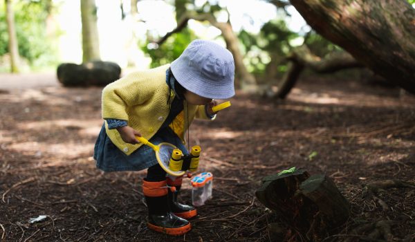 toddler girl playing exploration in spring park