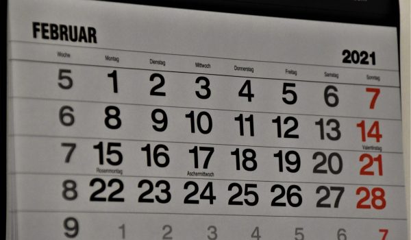 close up of a calendar showing February 2021